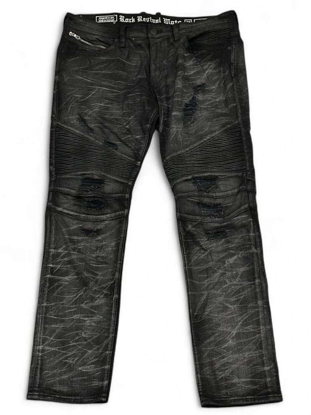Rock Revival Ivan Moto Acid Wash Black Denim Slim Straight Jeans Size 38 Men’s